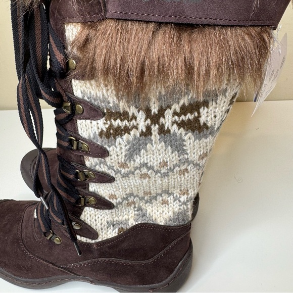 MUKLUKS BROWN FAUX SUEDE & FUR KNITTED SIDES LACE UP KNEE HIGH BOOTS SZ 7 - Picture 6 of 10